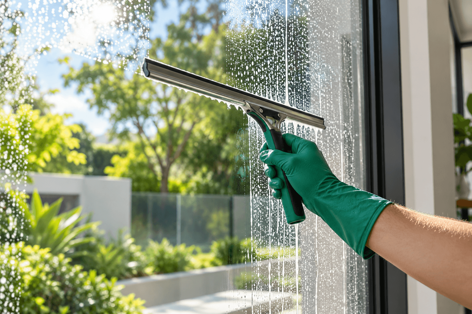 Professional squeegee and gloved hand cleaning a window