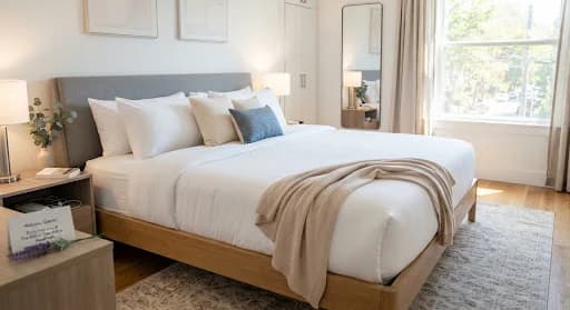 Neatly presented bedroom with light bedding and natural daylight