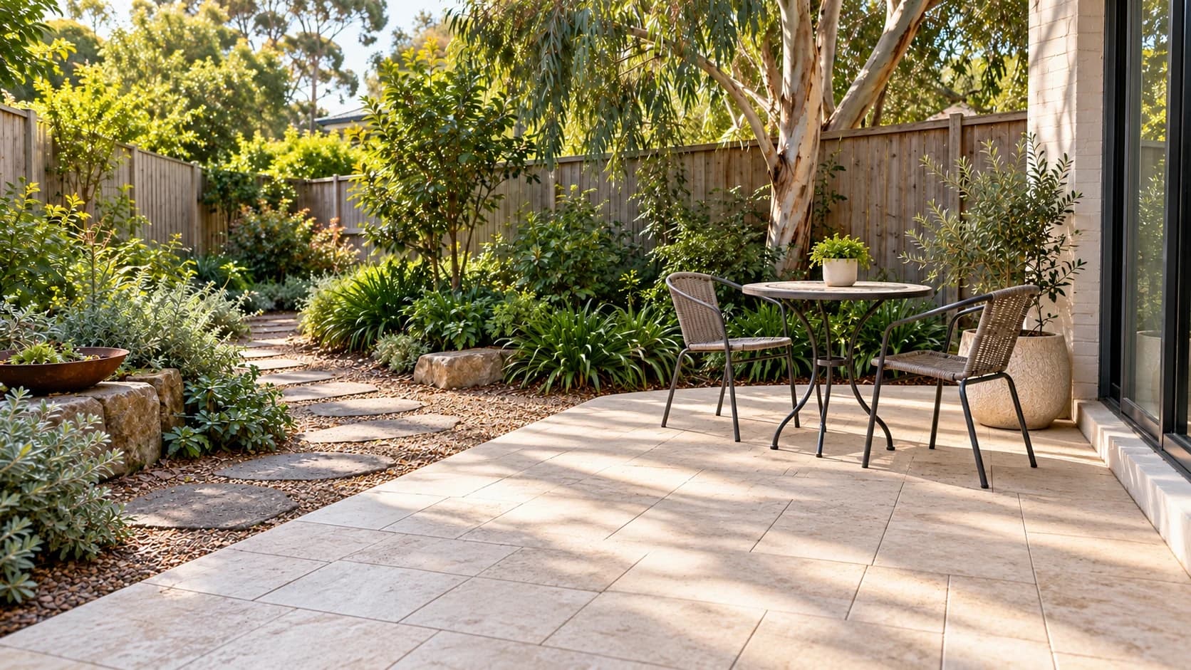Residential patio with paving and outdoor seating