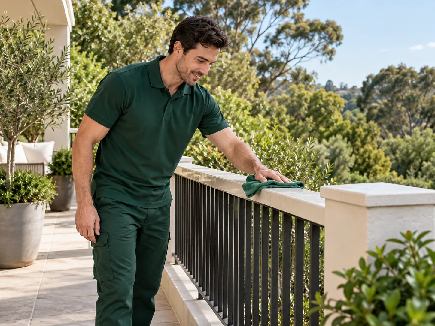 Cleaner wiping the railing of a residential balcony
