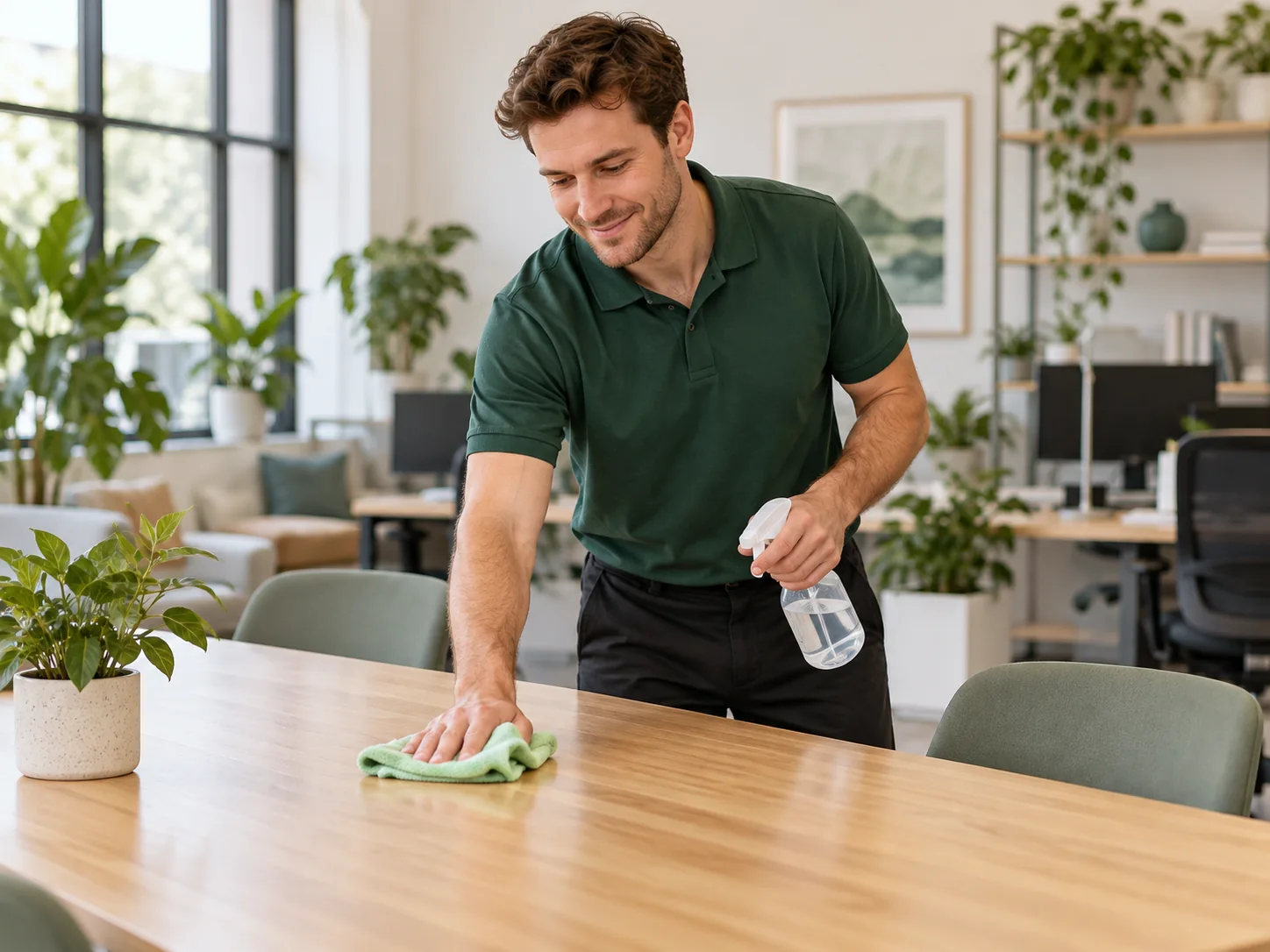 Cleaner wiping a wooden dining table in a residential living area
