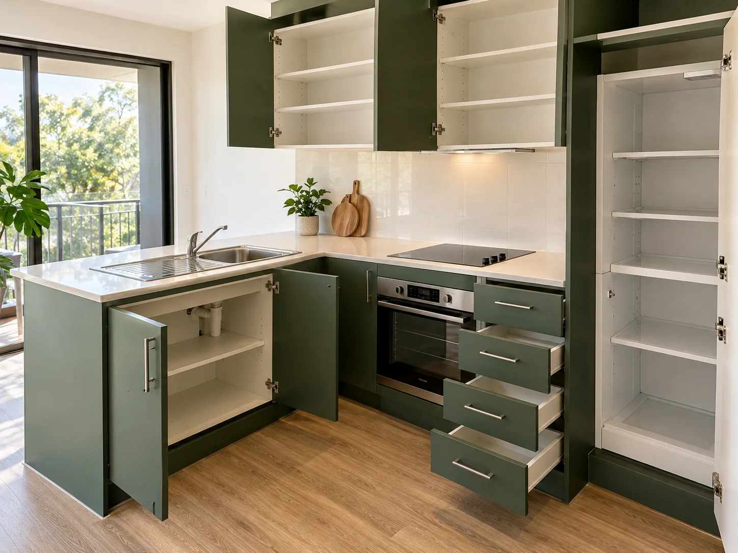 Clean apartment kitchenette with open empty cupboards